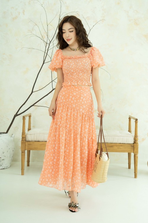 Sixdo Light Orange Floral Midi Voile Skirt